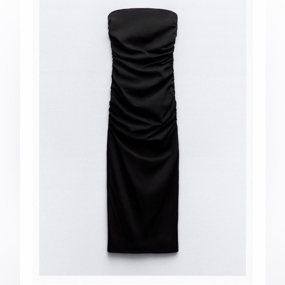 Zara Strapless Ruched Midi Dress - Black Size XS - Picture 3 of 7